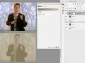 Rick Astley w kadrze, z efektem złoty kolor photoshop. Widoczny panel warstw i właściwości.