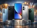Pięć smartfonów na podium, w tym telefon do zdjęć do 2000 zł. Złoty puchar i gwiazdki sugerują zwycięstwo.