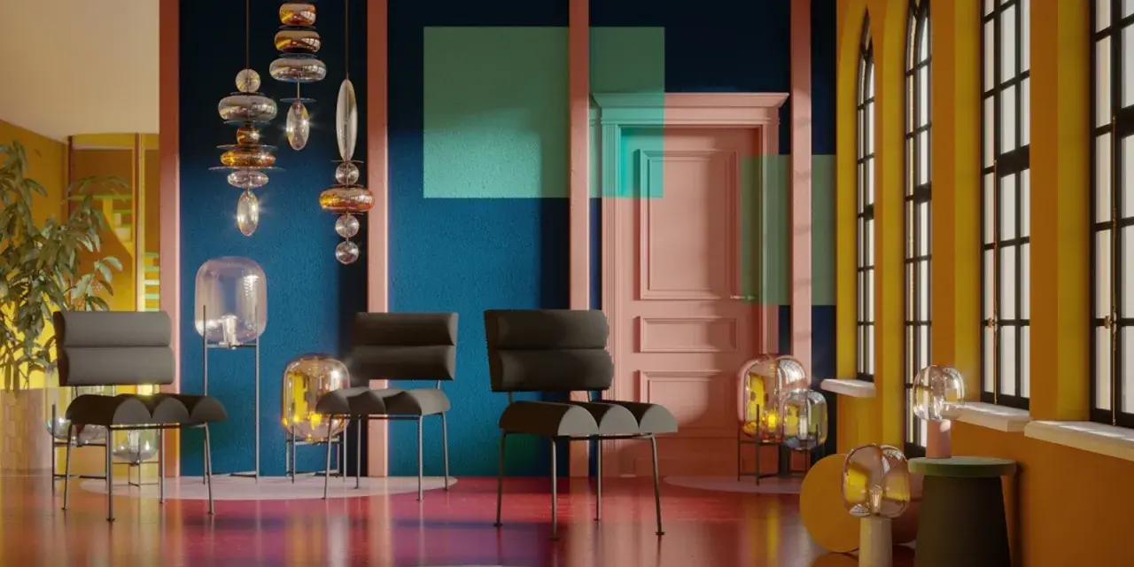Nowoczesne wnętrze z designerskimi meblami i lampami, gdzie dominują ciepłe kolory: żółty, pomarańczowy i różowy, kontrastujące z granatową ścianą.