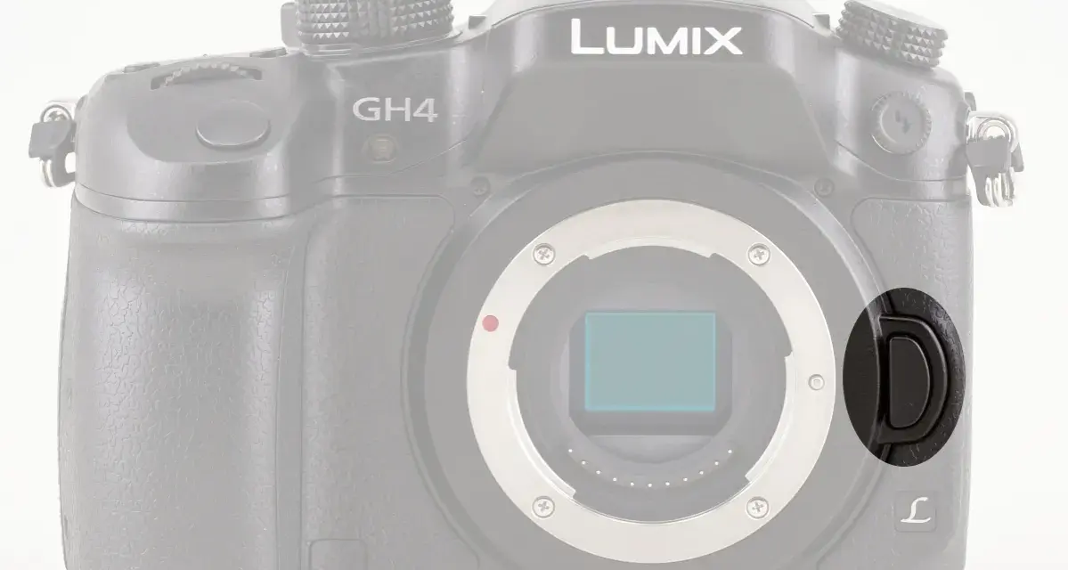 Czarne, okrągłe zapięcie na pasku aparatu Panasonic Lumix GH4.