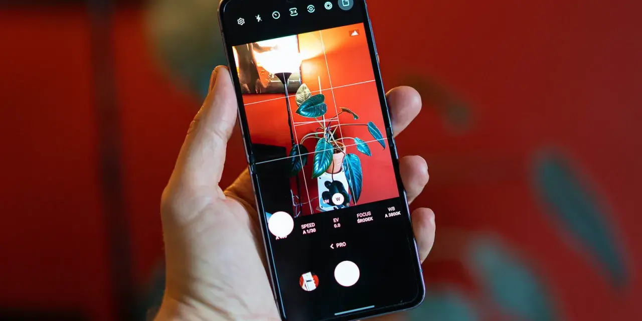 Dłoń trzyma smartfon z włączonym trybem PRO aparatu. Na ekranie widoczny jest kadr z rośliną w doniczce i lampą.