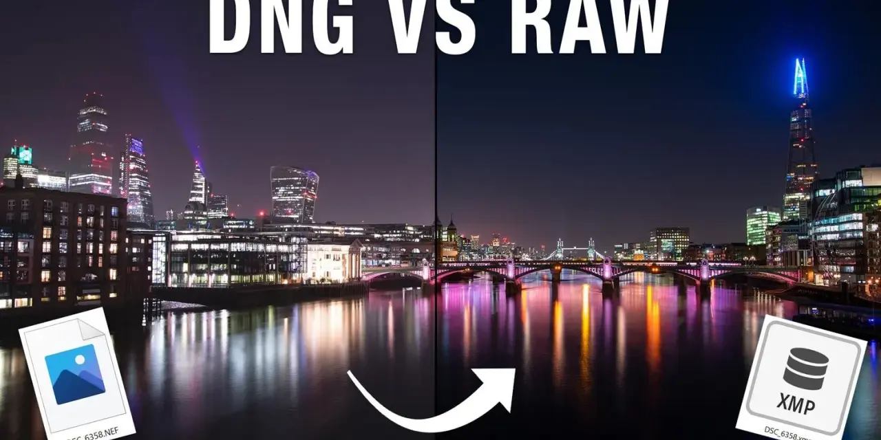 DNG vs RAW: nocny Londyn. Z lewej plik NEF, z prawej XMP. Porównanie formatów plików graficznych.