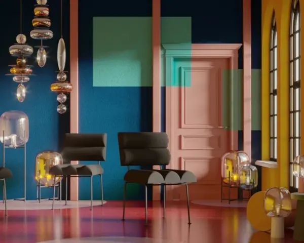Nowoczesne wnętrze z designerskimi meblami i lampami, gdzie dominują ciepłe kolory: żółty, pomarańczowy i różowy, kontrastujące z granatową ścianą.