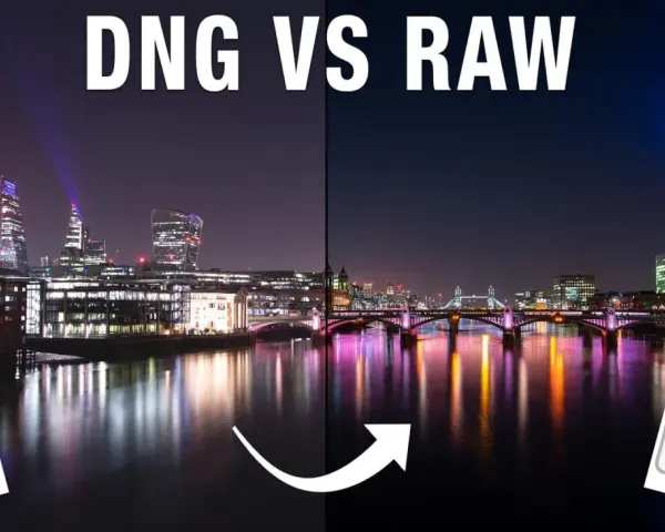 DNG vs RAW: nocny Londyn. Z lewej plik NEF, z prawej XMP. Porównanie formatów plików graficznych.