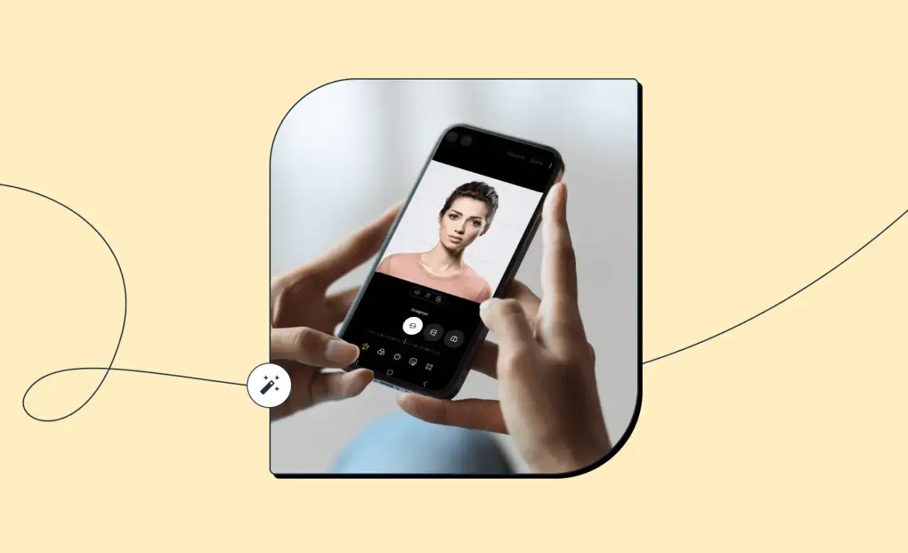 Ręce trzymają smartfon z otwartą apką do przerabiania zdjęć. Na ekranie widać portret kobiety i narzędzia edycji.