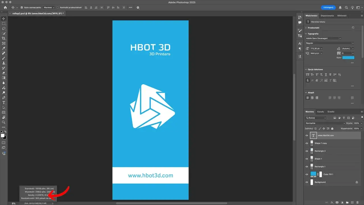 Projekt roll-upu dla HBOT 3D w trybie CMYK, gotowy do druku. Widoczny panel z logo i stroną www.