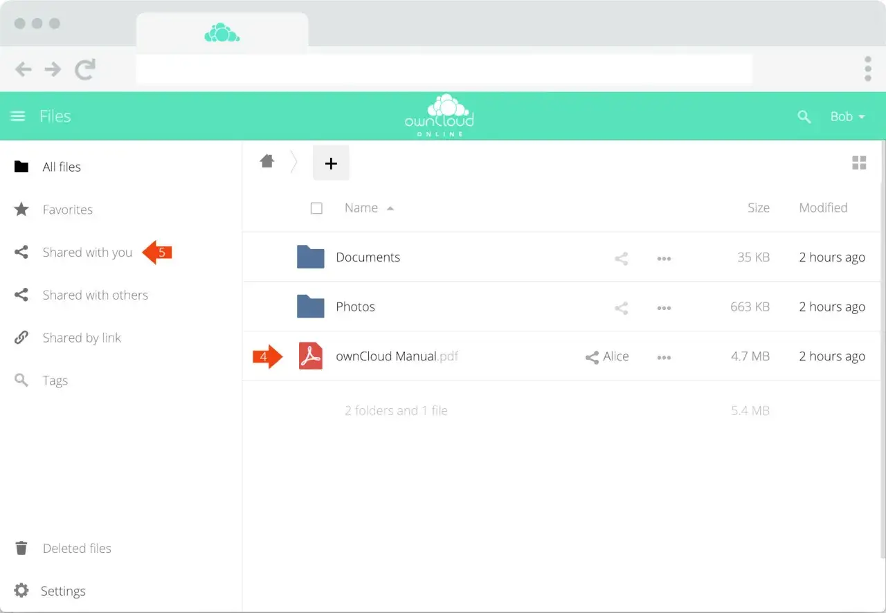Interfejs ownCloud pokazuje, jak utworzyć link ze zdjęciami. Widoczne foldery