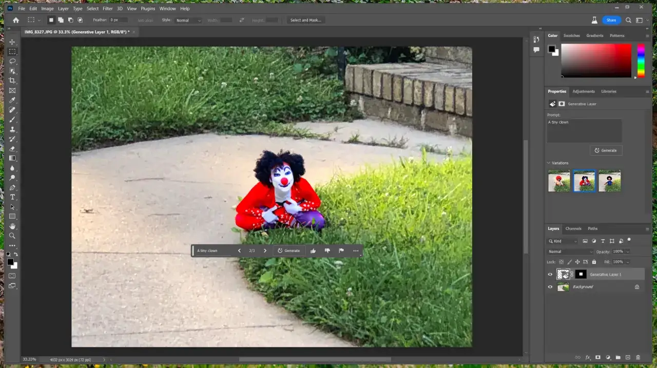 Mały klaun w czerwonym stroju, wygenerowany przez ai photoshop, siedzi na trawie.