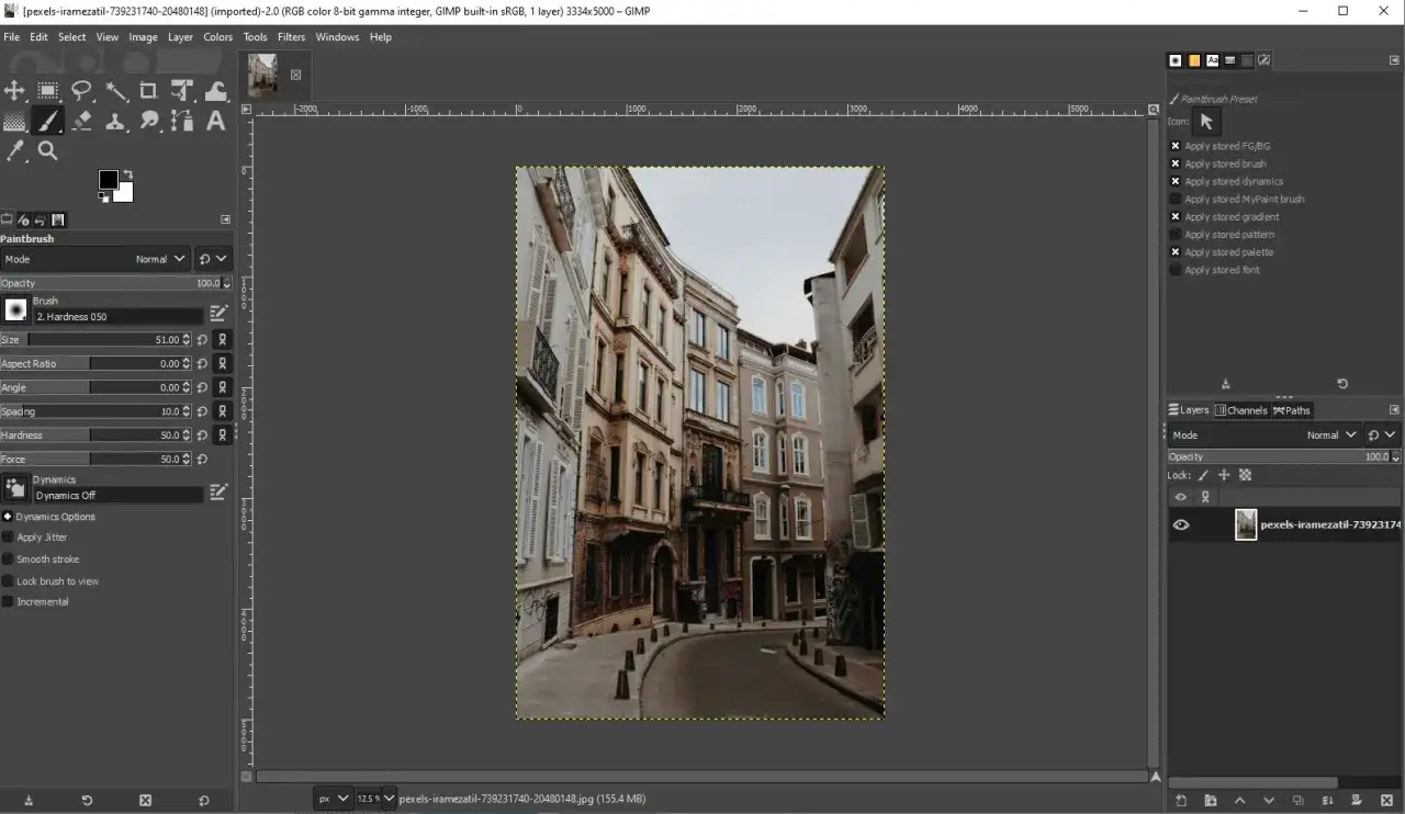 Program do obróbki zdjęć na komputerze GIMP. Widok okna z narzędziem Paintbrush i warstwami.