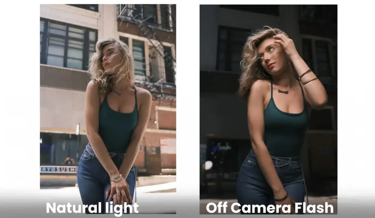 Dwie fotografie tej samej kobiety: po lewej w naturalnym świetle, po prawej z użyciem lampy błyskowej.